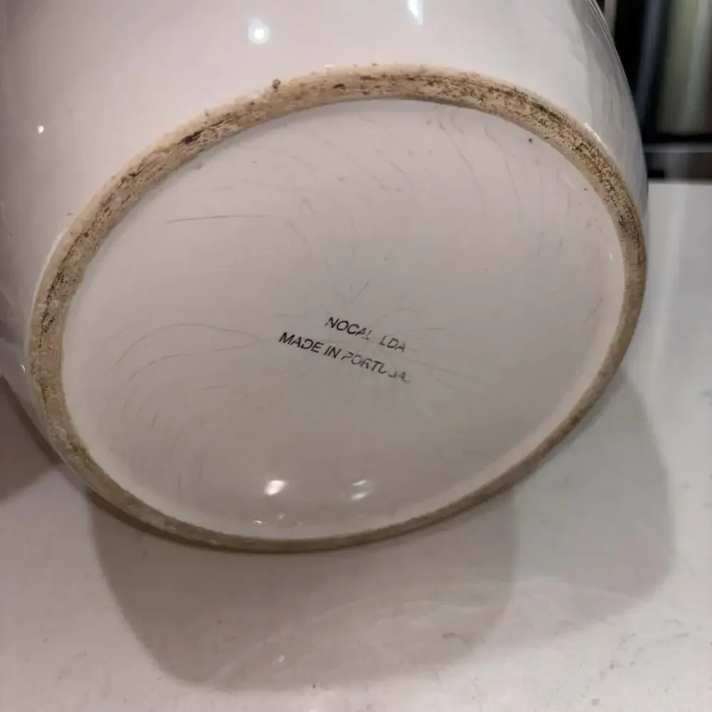 Nocal LDA Ceramic Planter Pot White and Blue Floral Embossed Scroll Portugal